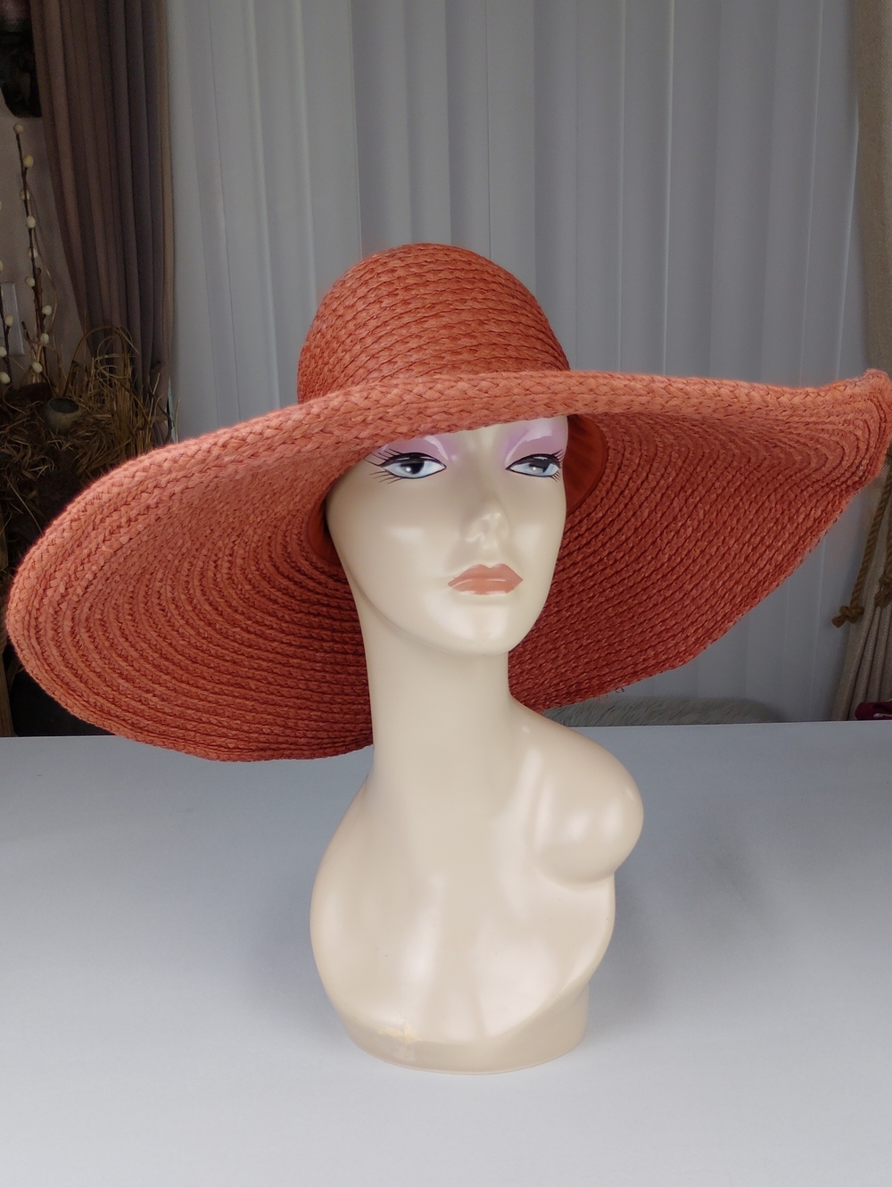 Wide Brim Straw Sun Hat - Terracotta Orange.